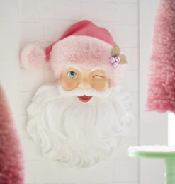Sweet Winking Santa Head Wall Piece, Pink